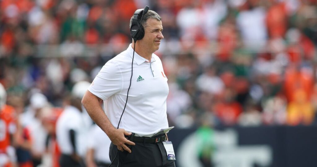 Miami head coach Mario Cristobal looks on during a 28-23 loss at Georgia Tech in Week 11. (Brett Davis-Imagn Images)