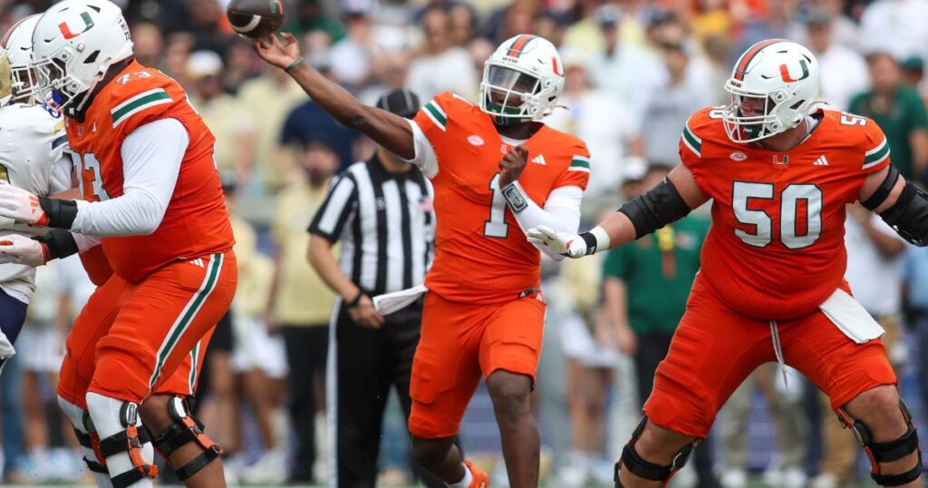 Miami quarterback Cam Ward attempts a pass during a 28-23 loss to Georgia Tech in Week 11. (Brett Davis-Imagn Images)