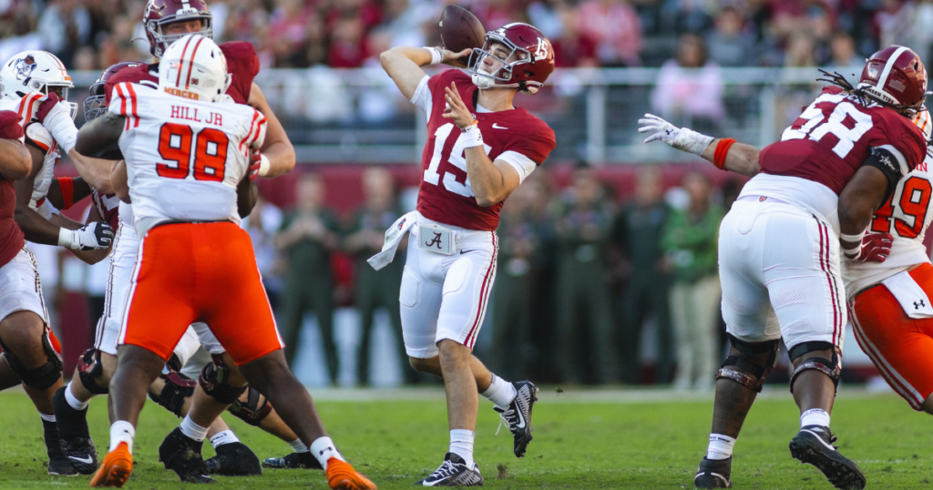 Nov 16, 2024; Tuscaloosa, Alabama, USA; Alabama Crimson Tide quarterback Ty Simpson (15) throws against the Mercer Bears during the third quarter at Bryant-Denny Stadium. Mandatory Credit: Will McLelland-Imagn Images