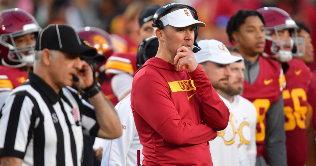 USC Trojans head coach Lincoln Riley watches game action against the Nebraska Cornhuskers during the second half at the Los Angeles Memorial Coliseum