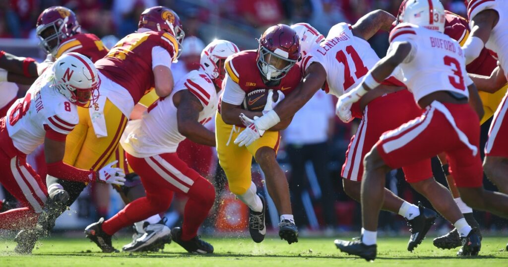 USC Trojans running back Quinten Joyner (0) runs the ball against the Nebraska Cornhuskers during the first half at the Los Angeles Memorial Coliseum