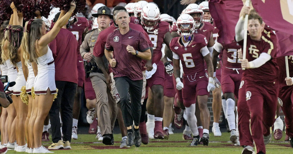 Florida State Seminoles head coach Mike Norvell leads his team out of the tunnel before the game against the California Golden Bears at Doak S. Campbell Stadium. (Melina Myers-Imagn Images)