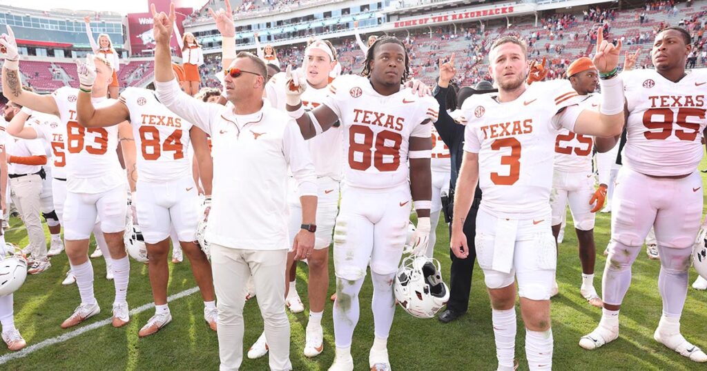 Texas HC Steve Sarkisian and the Longhorns after defeating Arkansas