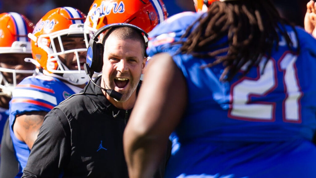 Florida Gators head coach Billy Napier celebrates a fourth down stop on the Rebels during the second half at Ben Hill Griffin Stadium in Gainesville, FL on Saturday, November 23, 2024. The Gators defeated the Rebels 24-17 [Doug Engle/Gainesville Sun]