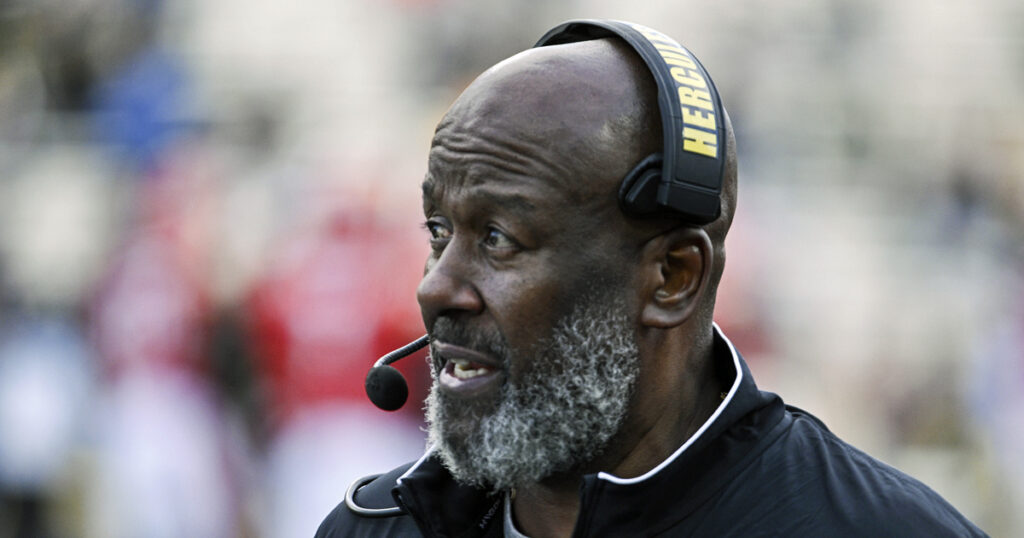 Terrapins head coach Mike Locksley walks down the sidelines during the second half against the Iowa Hawkeyes at SECU Stadium. (Mandatory Credit: Tommy Gilligan-Imagn Images)