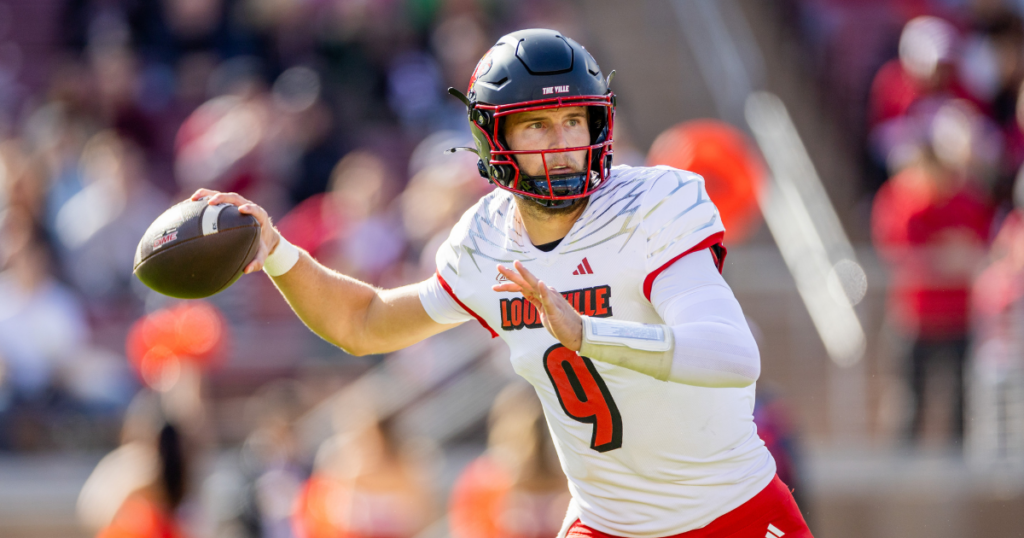 Nov 16, 2024; Stanford, California, USA; Louisville Cardinals quarterback Tyler Shough (9) throws a pass during the first quarter against the Stanford Cardinal at Stanford Stadium. Mandatory Credit: Bob Kupbens-Imagn Images