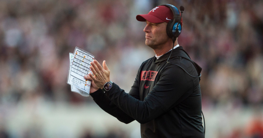 Alabama Crimson Tide head coach Kalen DeBoer encourages his team as Auburn Tigers take on Alabama Crimson Tide at Bryant-Denny Stadium in Tuscaloosa, Ala., on Saturday, Nov. 30, 2024. Alabama Crimson Tide defeated Auburn Tigers 28-14. © Jake Crandall/ Advertiser / USA TODAY NETWORK via Imagn Images