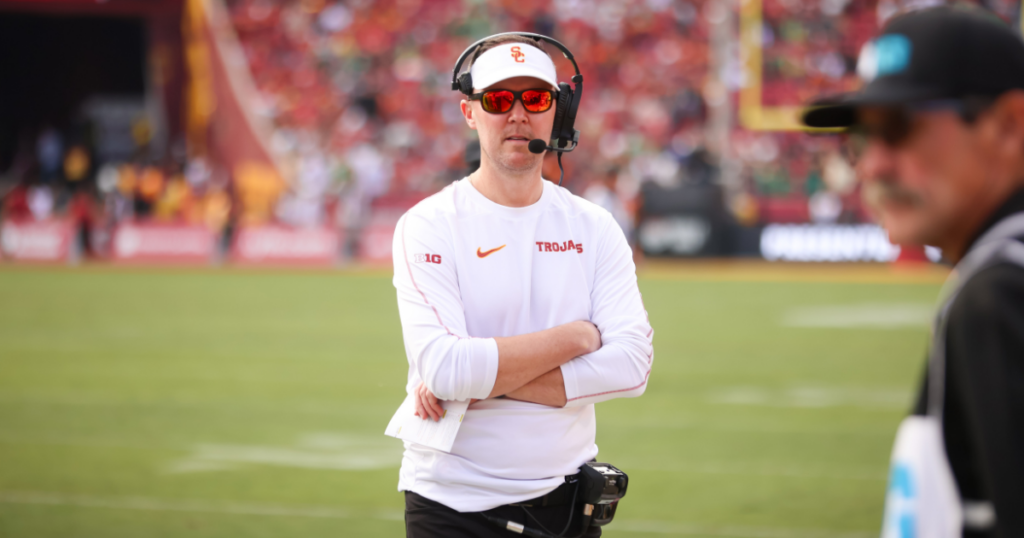 USC head coach Lincoln Riley on the sideline during the Trojans' game against Notre Dame at the Los Angeles Memorial Coliseum