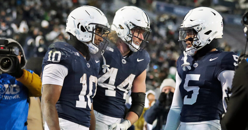 Penn State Nittany Lions running back Nicholas Singleton (10) celebrates with teammates after scoring a touchdown against the Maryland Terrapins during the third quarter at Beaver Stadium. Penn State won 44-7. (Mandatory Credit: Matthew O'Haren-Imagn Images)