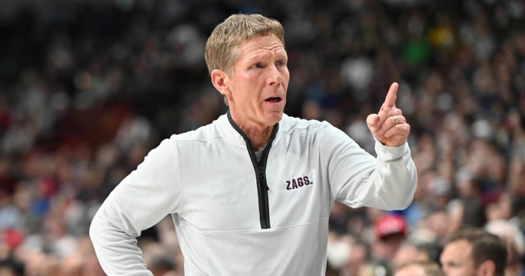 Nov 4, 2024; Spokane, Washington, USA; Gonzaga Bulldogs head coach Mark Few selects players to send in against the Baylor Bears in the second half at Spokane Arena. Mandatory Credit: James Snook-Imagn Images