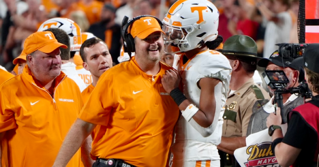 Tennessee Head Coach Josh Heupel and QB Nico Iamaleava celebrating during Vols win over N.C. State- via Matt Ray/Volquest On3