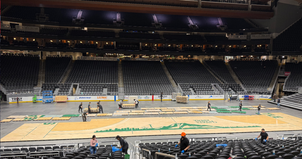 Converting a basketball court to a hockey rink, Climate Pledge Arena, Seattle