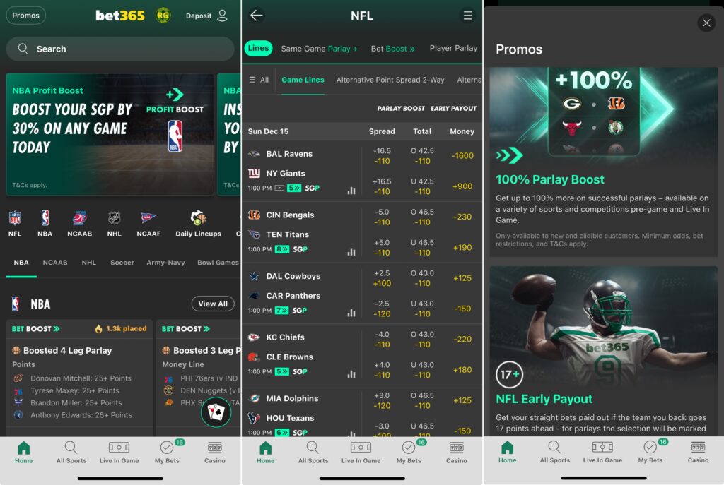 A mobile screenshot of the bet365 Sportsbook mobile app in New Jersey.