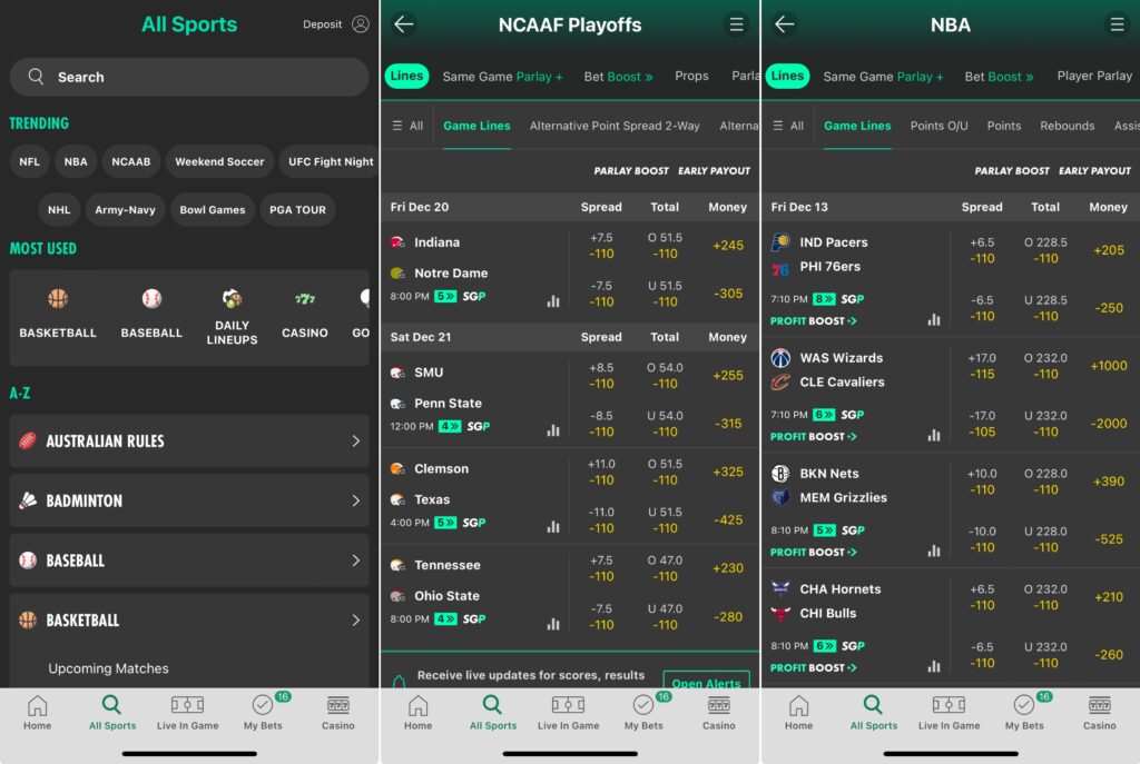 A screenshot of some of the sports markets available on the bet365 Sportsbook app.