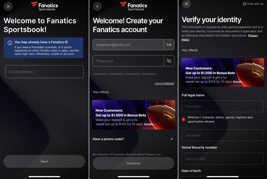 A mobile screenshot of the signup process at Fanatics Sportsbook