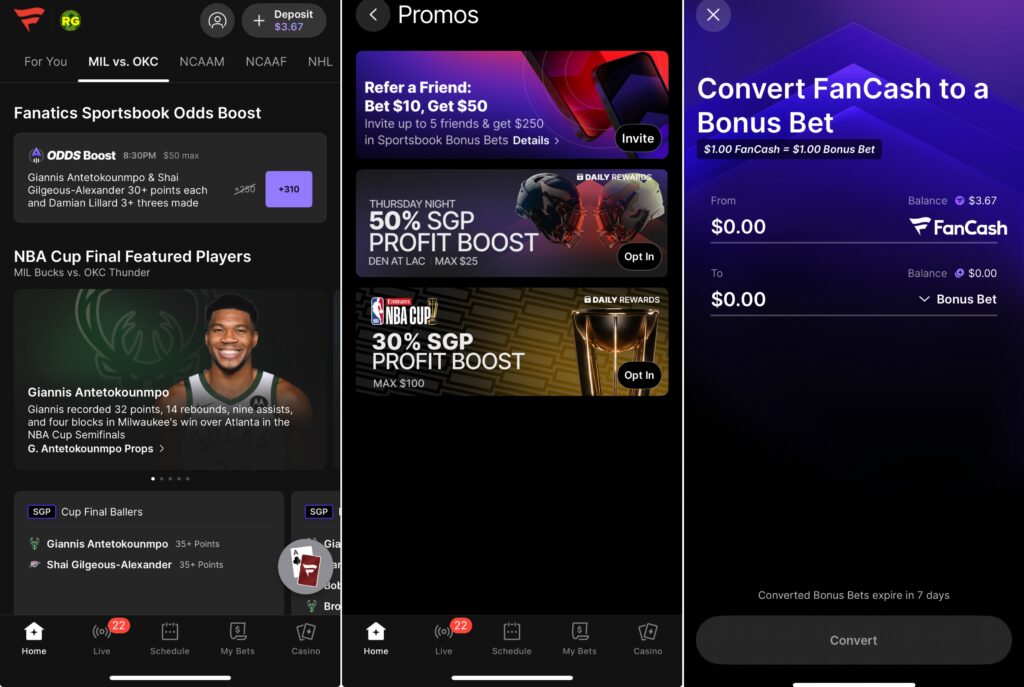 A 3-panel mobile screenshot of some promotions offered at Fanatics Sportsbook
