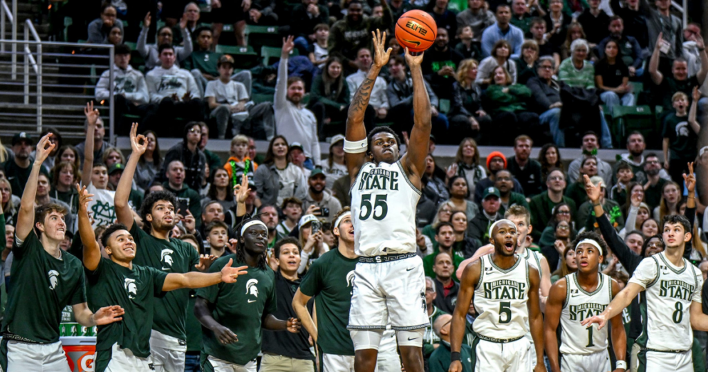 Michigan State's Coen Carr makes a 3-pointer against Florida Atlantic during the second half on Saturday, Dec. 21, 2024, in East Lansing - Nick King, USA TODAY Sports