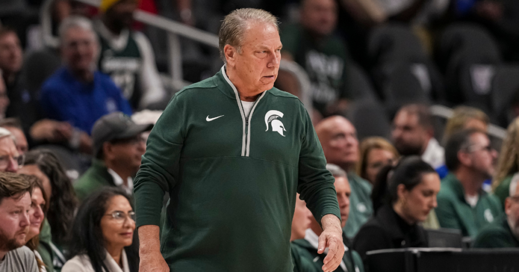 Michigan State Spartans head coach Tom Izzo reacts on the bench against the Kansas Jayhawks during the first half at State Farm Arena. - Dale Zanine, USA TODAY Sports