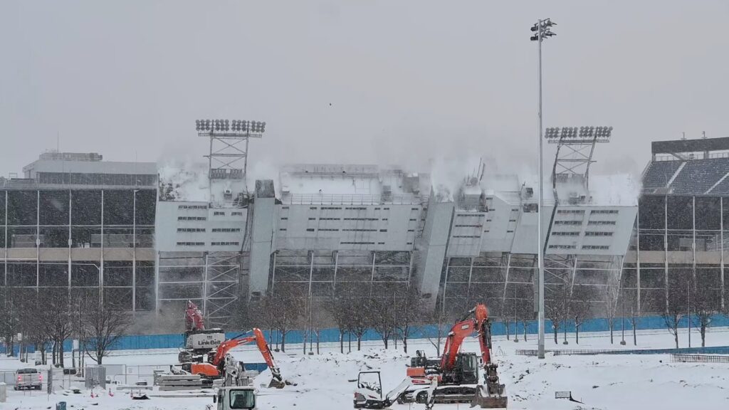 Penn State University began the first major part of its renovations for Beaver Stadium on Jan 4 with the demolition of the press box. Approximately 102 charges were used to bring down the structure. (Photo: Thomas Frank Carr/BWI)