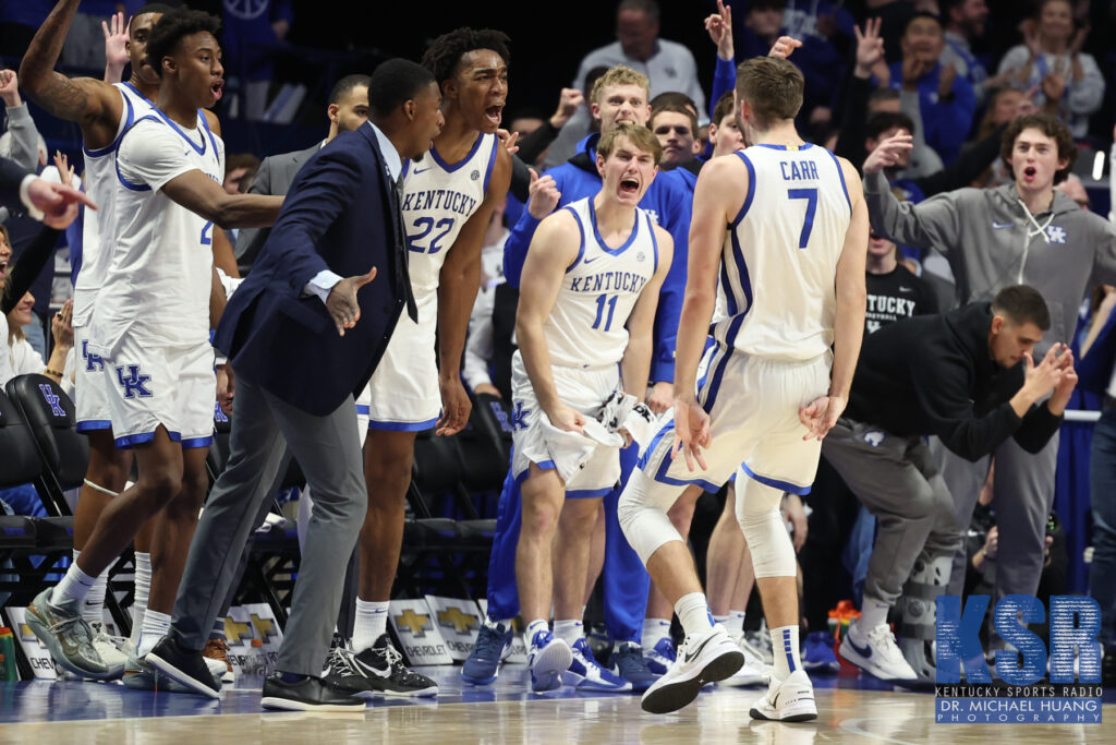 Andrew Carr celebrates hitting a three vs. Florida - Dr. Michael Huang, Kentucky Sports Radio