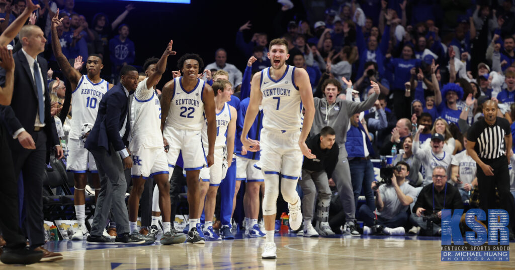 Andrew Carr celebrates hitting a three vs. Florida - Dr. Michael Huang, Kentucky Sports Radio