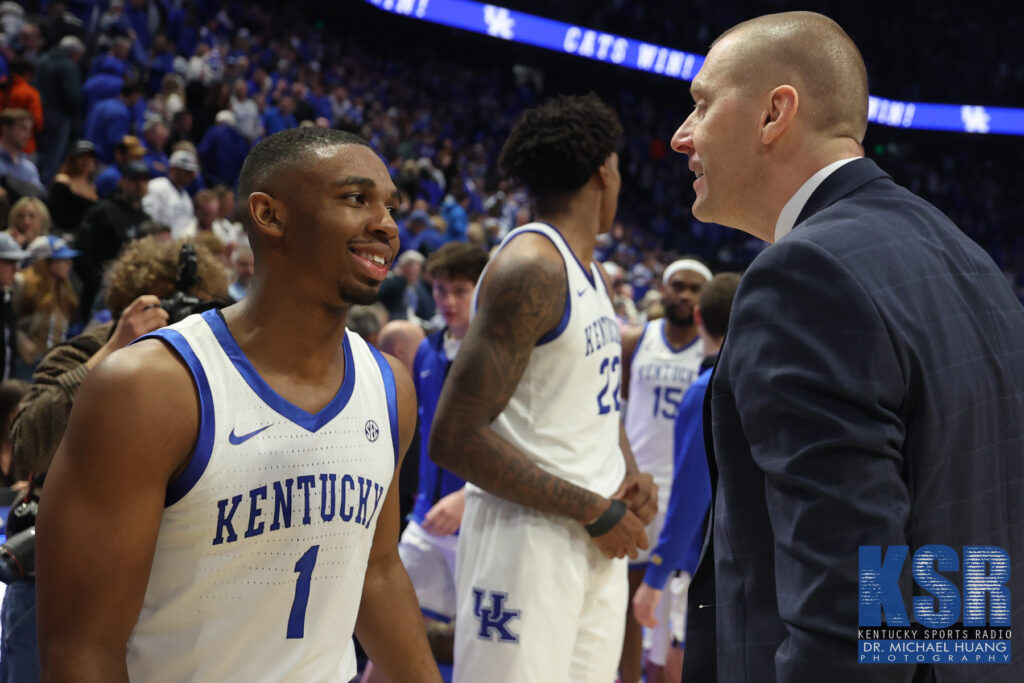 Mark Pope talks to Lamont Butler after Kentucky's win over Florida - Dr. Michael Huang, Kentucky Sports Radio