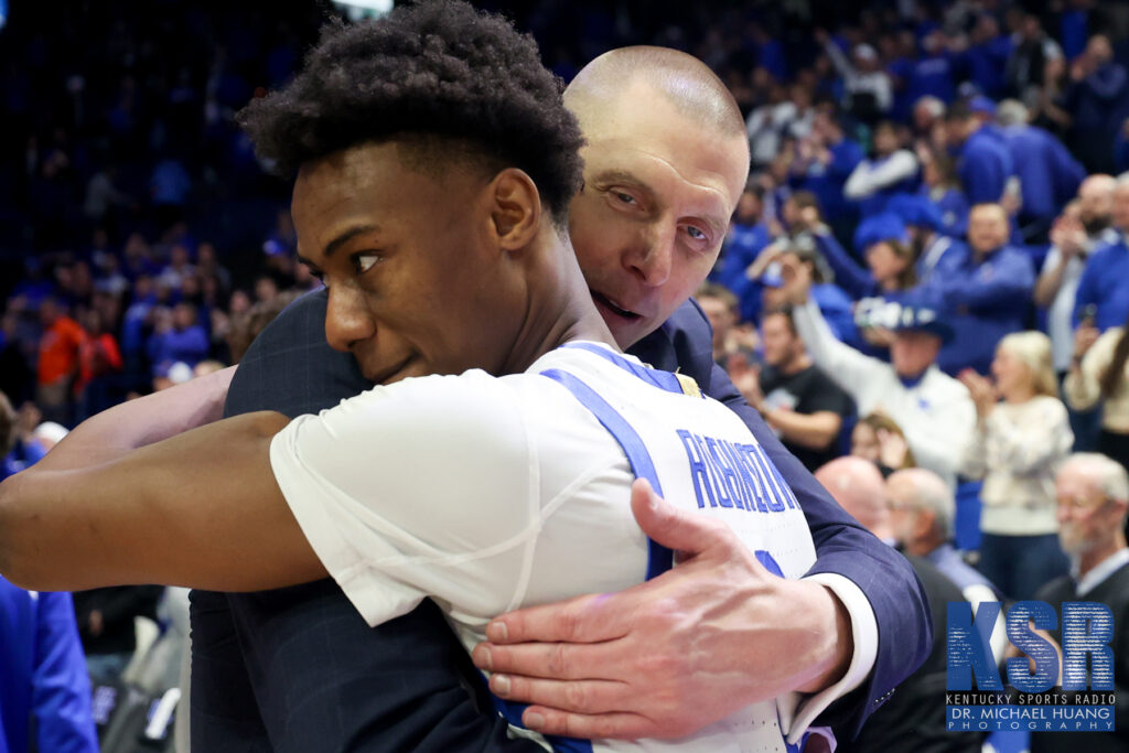 Mark Pope talks to Jaxson Robinson after Kentucky's win over Florida - Dr. Michael Huang, Kentucky Sports Radio