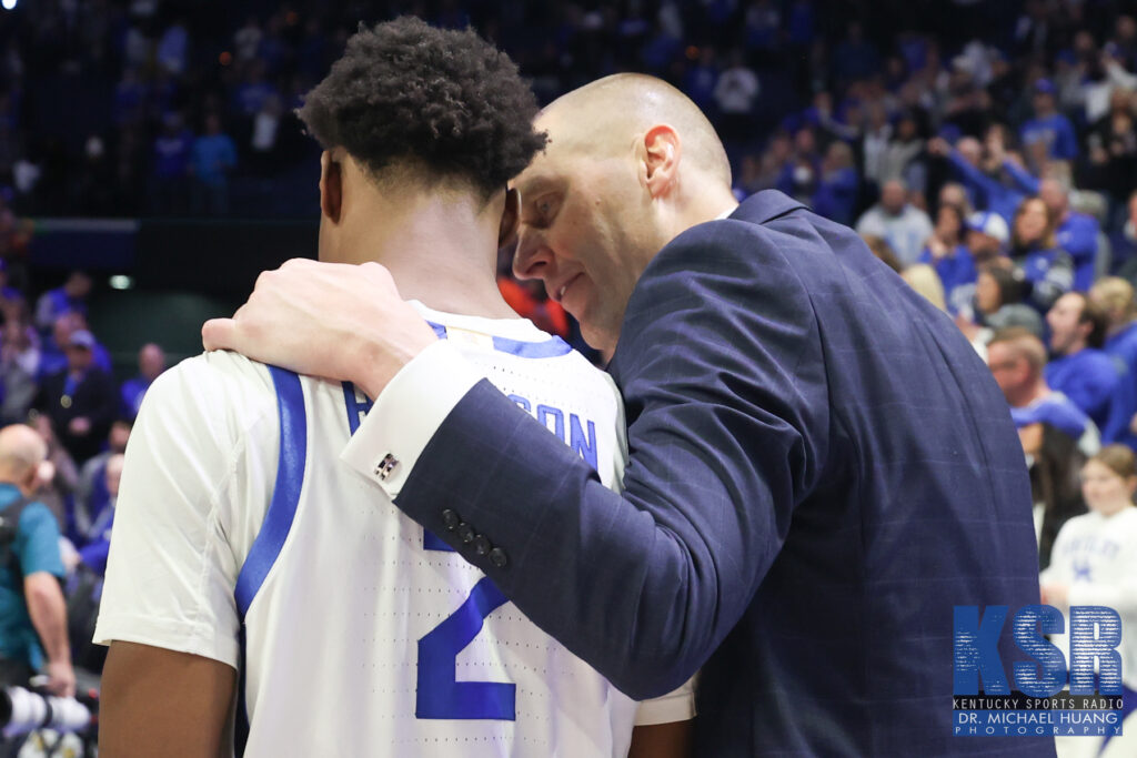 Mark Pope talks to Jaxson Robinson after Kentucky's win over Florida - Dr. Michael Huang, Kentucky Sports Radio