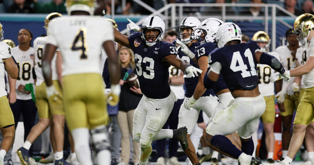 Penn State Nittany Lions defensive end Dani Dennis-Sutton (33) intercepts the ball in the second half against the Notre Dame Fighting Irish in the Orange Bowl at Hard Rock Stadium. (Mandatory Credit: Nathan Ray Seebeck-Imagn Images)