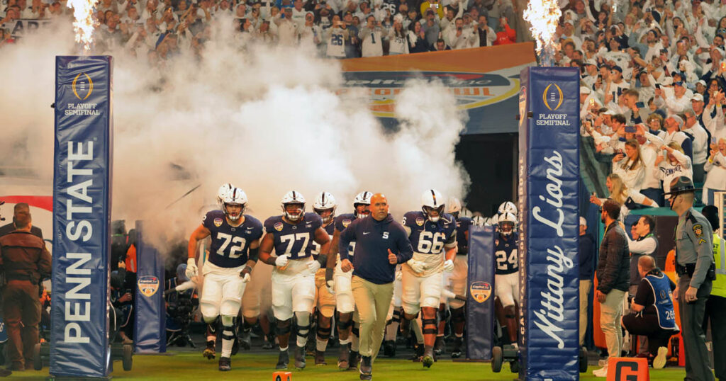 Penn State Nittany Lions head coach James Franklin leads the team out before the game against the Notre Dame Fighting Irish in the Orange Bowl at Hard Rock Stadium. (Mandatory Credit: Sam Navarro-Imagn Images)