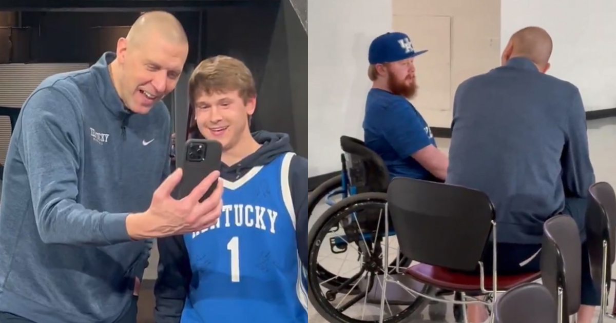 Kentucky's Mark Pope goes into stands to greet UK fan in wheelchair after Mississippi State win