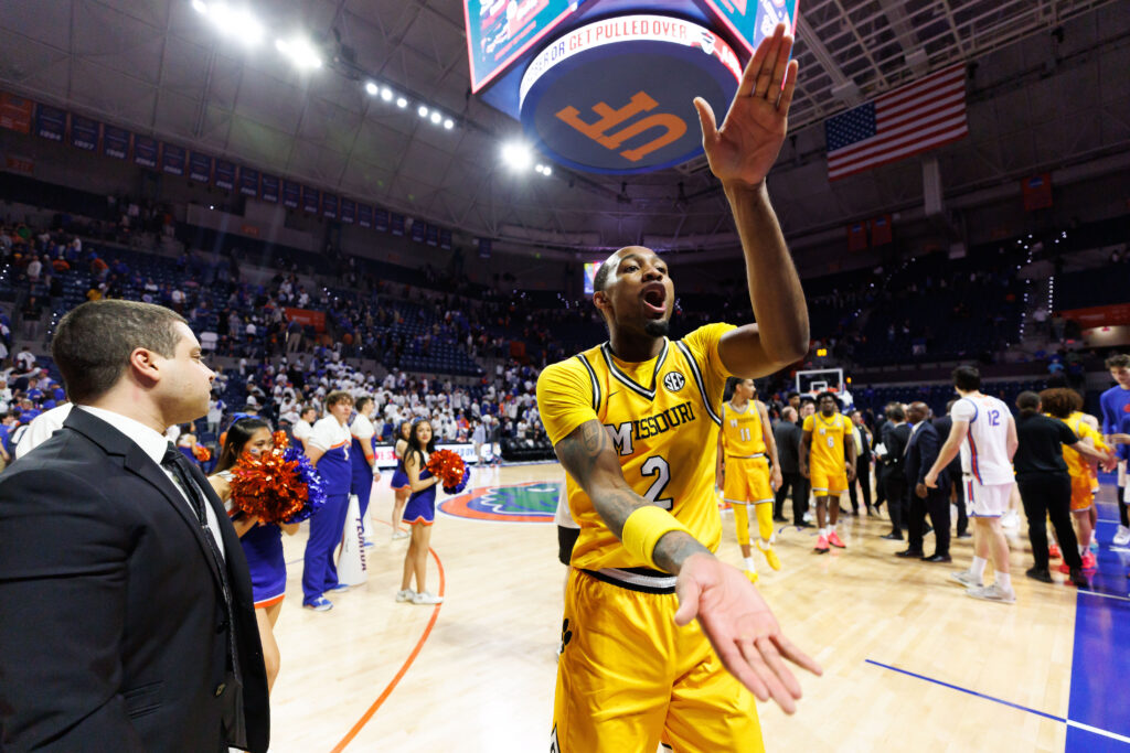 Jan 14, 2025; Gainesville, Florida, USA; Missouri Tigers guard Tamar Bates (2) gestures towards the crowd after a game against the Florida Gators at Exactech Arena at the Stephen C. O'Connell Center. Mandatory Credit: Matt Pendleton-Imagn Images