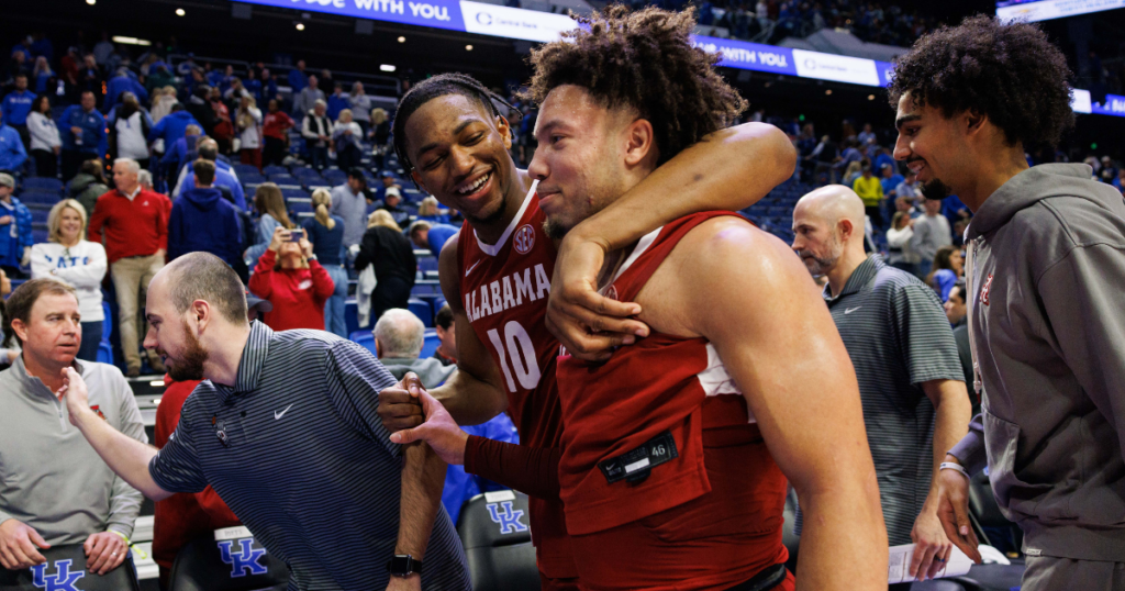 Jan 18, 2025; Lexington, Kentucky, USA; Alabama Crimson Tide forward Mouhamed Dioubate (10) hugs guard Mark Sears (1) as they exit the court after the game against the Kentucky Wildcats at Rupp Arena at Central Bank Center. Mandatory Credit: Jordan Prather-Imagn Images