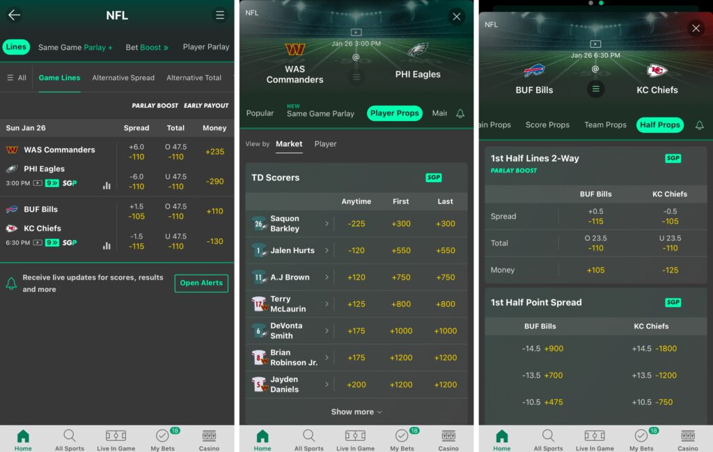 Mobile screenshot of bet365 Sportsbook featuring some of its NFL markets.