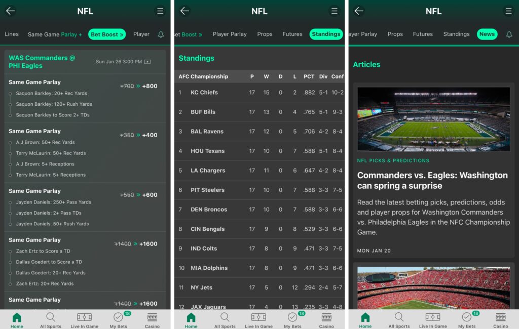 Mobile screenshot of bet365 Sportsbook showcasing a few of the site's best NFL features.