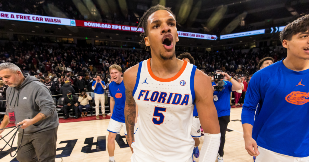 Florida guard Will Richard celebrates an SEC win at South Carolina