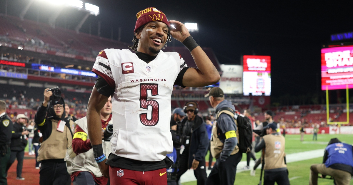 WATCH: Jayden Daniels' mom rocks custom jacket covered in pictures of Commanders QB