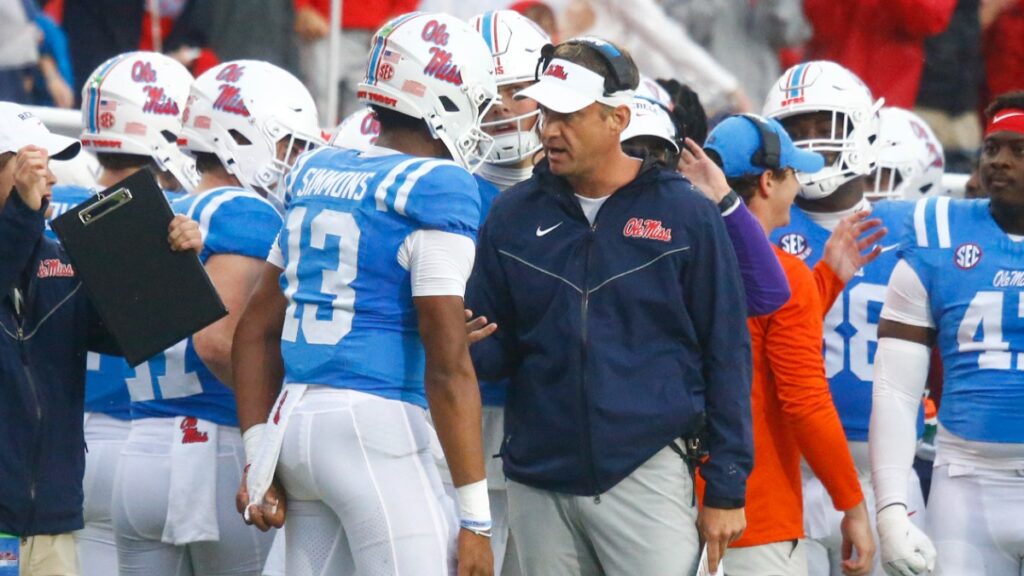 Ole Miss quarterback Austin Simmons and head coach Lane Kiffin. Mandatory credit: Petre Thomas-Imagn Images