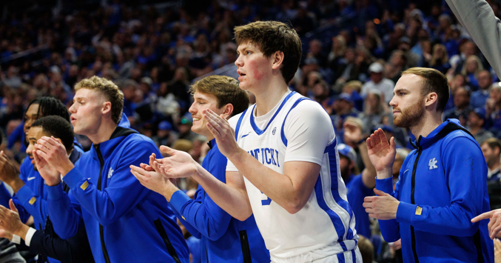 Dec 11, 2024; Lexington, Kentucky, USA; Kentucky Wildcats forward Trent Noah (9) celebrates from the bench during the second half against the Colgate Raiders at Rupp Arena at Central Bank Center. Mandatory Credit: Jordan Prather-Imagn Images