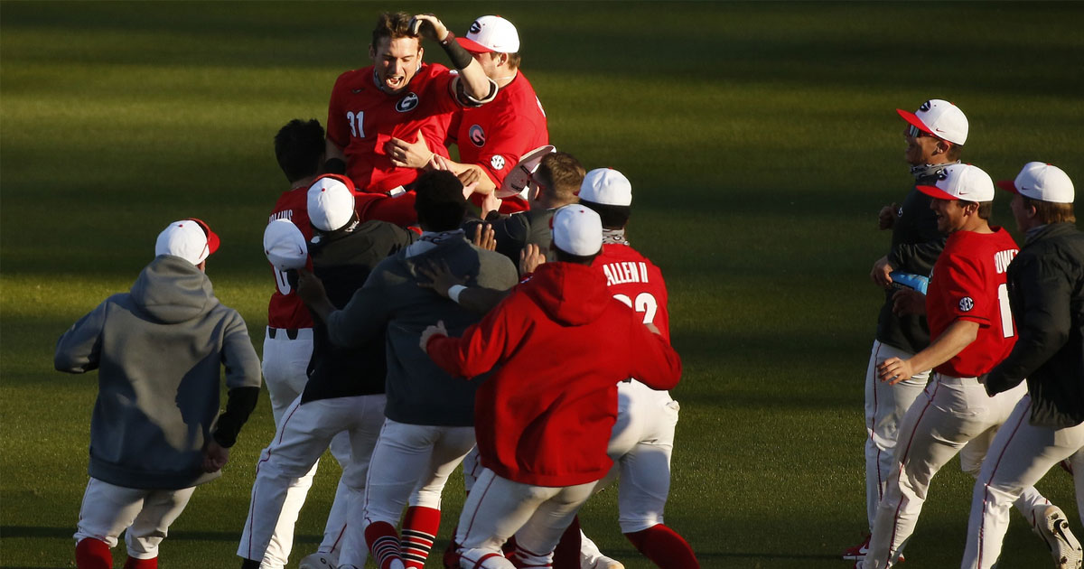 Georgia pitcher Brian Curley taunts Kennesaw State base runner before final strike out in chaotic game