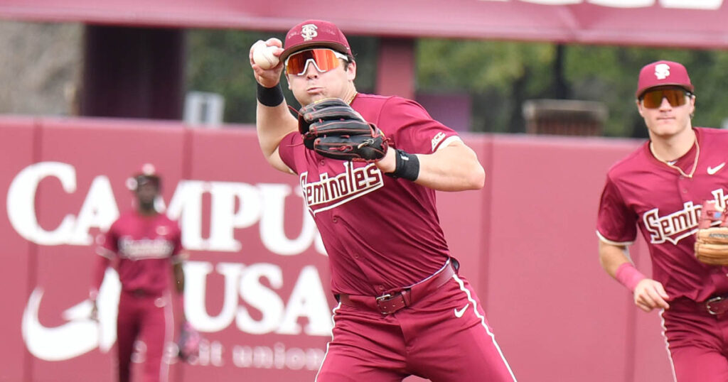 Florida State second baseman Drew Faurot makes a throw on the move earlier this season. (Gene Williams/Warchant)