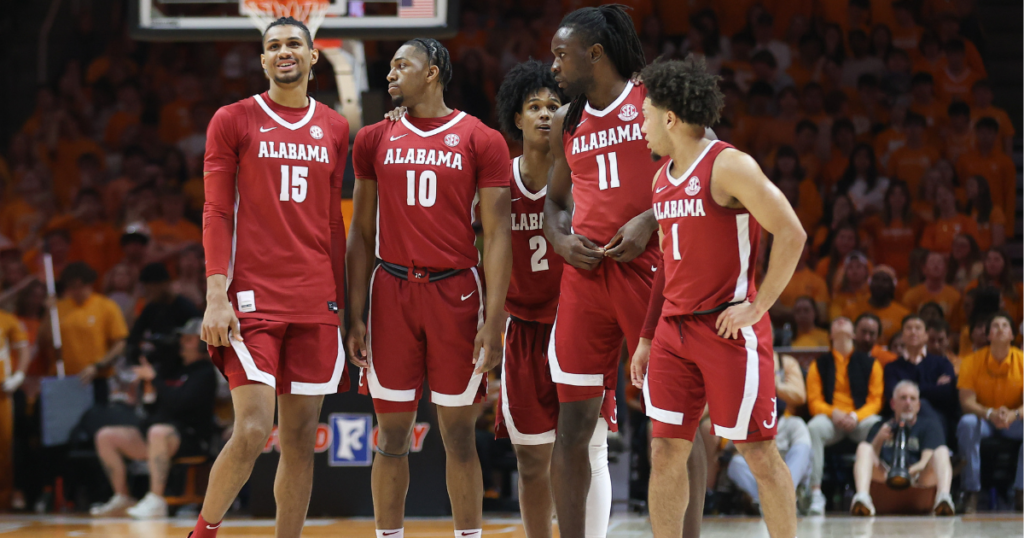 Mar 1, 2025; Knoxville, Tennessee, USA; Alabama Crimson Tide forward Jarin Stevenson (15), forward Mouhamed Dioubate (10), guard Aden Holloway (2), center Clifford Omoruyi (11) and guard Mark Sears (1) during the first half against the Tennessee Volunteers at Thompson-Boling Arena at Food City Center. Mandatory Credit: Randy Sartin-Imagn Images