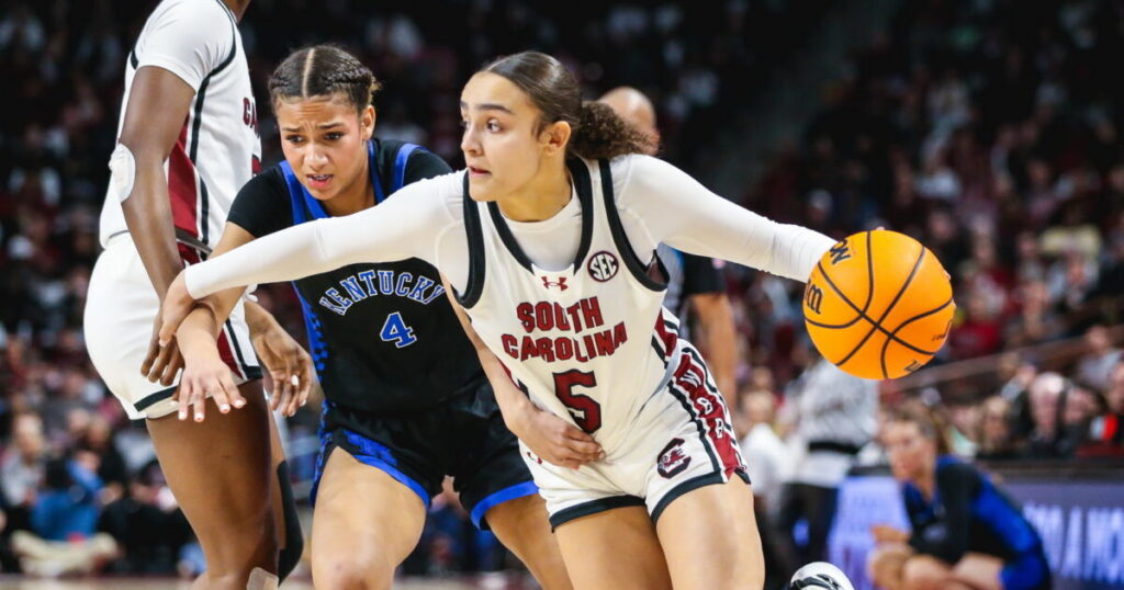 South Carolina Gamecocks guard Tessa Johnson (5) drives against the Kentucky Wildcats during an NCAA women's college basketball game on March 2, 2025, at Colonial Life Arena in Columbia, S.C. (Photo by Katie Dugan/GamecockCentral.com)