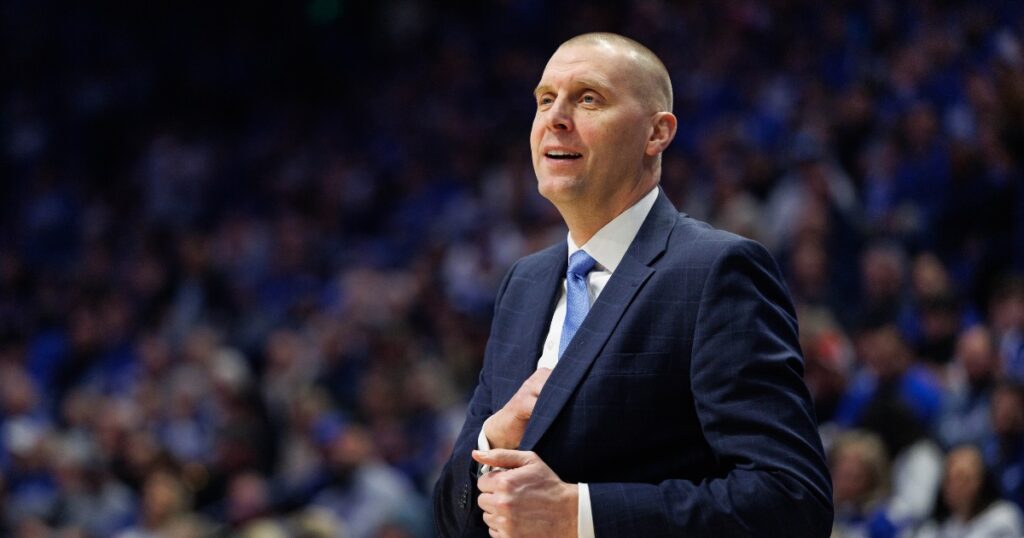 Feb 19, 2025; Lexington, Kentucky, USA; Kentucky Wildcats head coach Mark Pope watches the action during the first half against the Vanderbilt Commodores at Rupp Arena at Central Bank Center. Mandatory Credit: Jordan Prather-Imagn Images