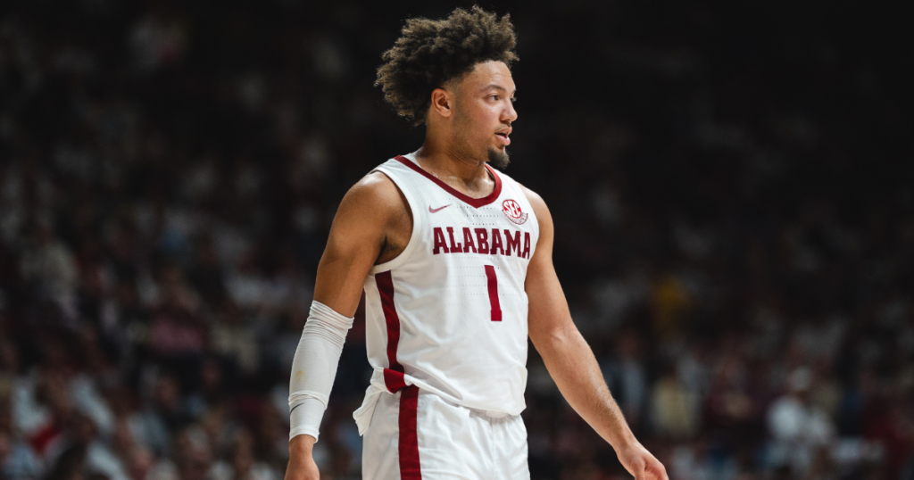 Feb 22, 2025; Tuscaloosa, Alabama, USA; Alabama Crimson Tide guard Mark Sears (1) during the first half against the Kentucky Wildcats at Coleman Coliseum. Mandatory Credit: Will McLelland-Imagn Images