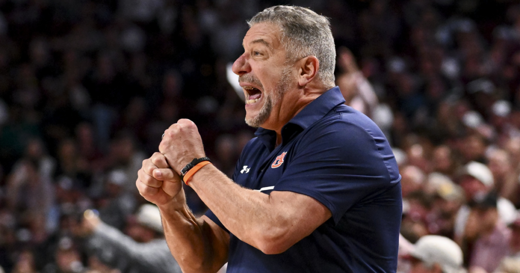 Mar 4, 2025; College Station, Texas, USA; Auburn Tigers head coach Bruce Pearl reacts during the second half against the Texas A&M Aggies at Reed Arena. Mandatory Credit: Maria Lysaker-Imagn Images