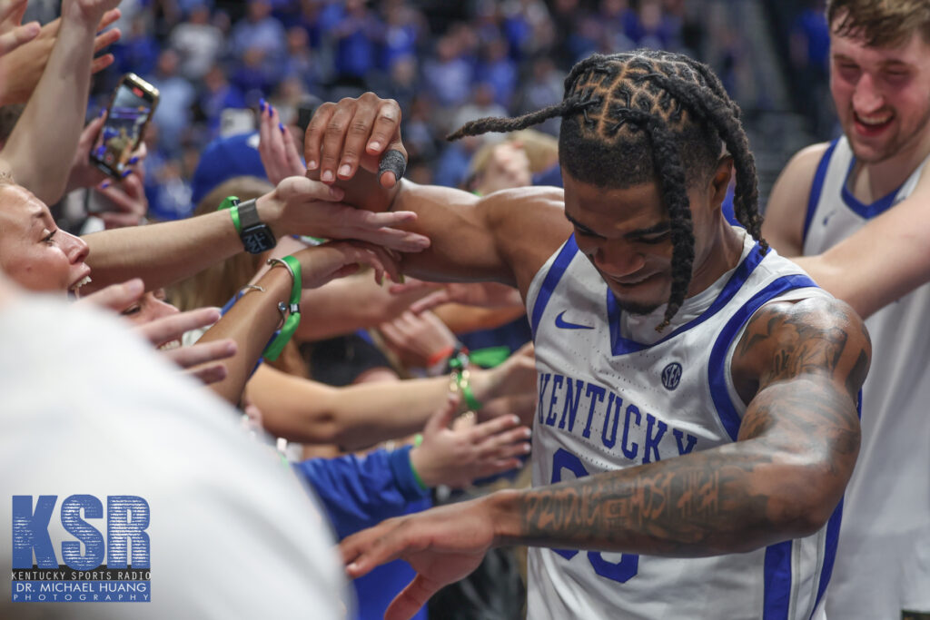 Otega Oweh celebrates with fans after hitting the game-winner for Kentucky vs. Oklahoma in the SEC Tournament - Dr. Michael Huang, Kentucky Sports Radio