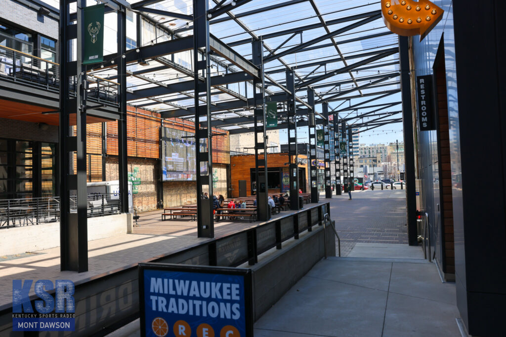 The plaza outside Fiserv Forum in Milwaukee ahead of the NCAA Tournament - Mont Dawson, Kentucky Sports Radio