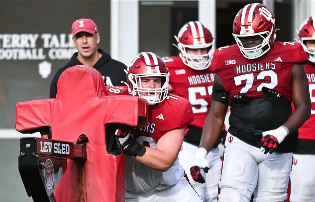 Indiana’s Pat Coogan (78) goes through drills during spring practice at Memorial Stadium on Thursday, April 3, 2025.
Bobby Goddin/Herald-Times
