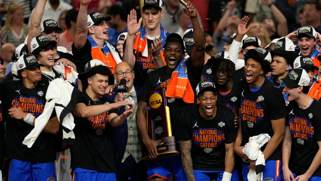 The Florida Gators celebrate after winning the national championship game of the Final Four of the 2025 NCAA Tournament at the Alamodome. (Scott Wachter-Imagn Images)